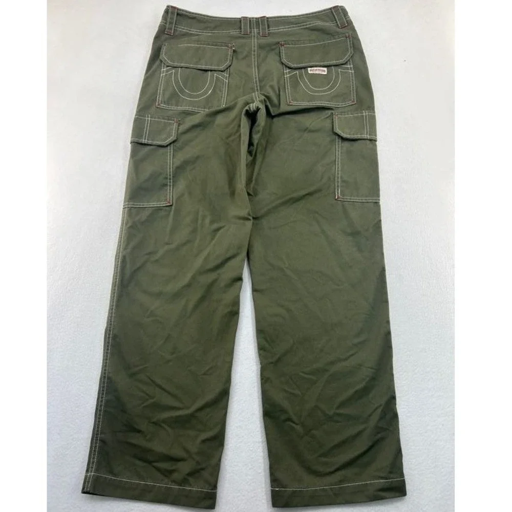 True Religion Mens Olive Green Cargo Pants Contrast Stitch Wide Leg Size 30